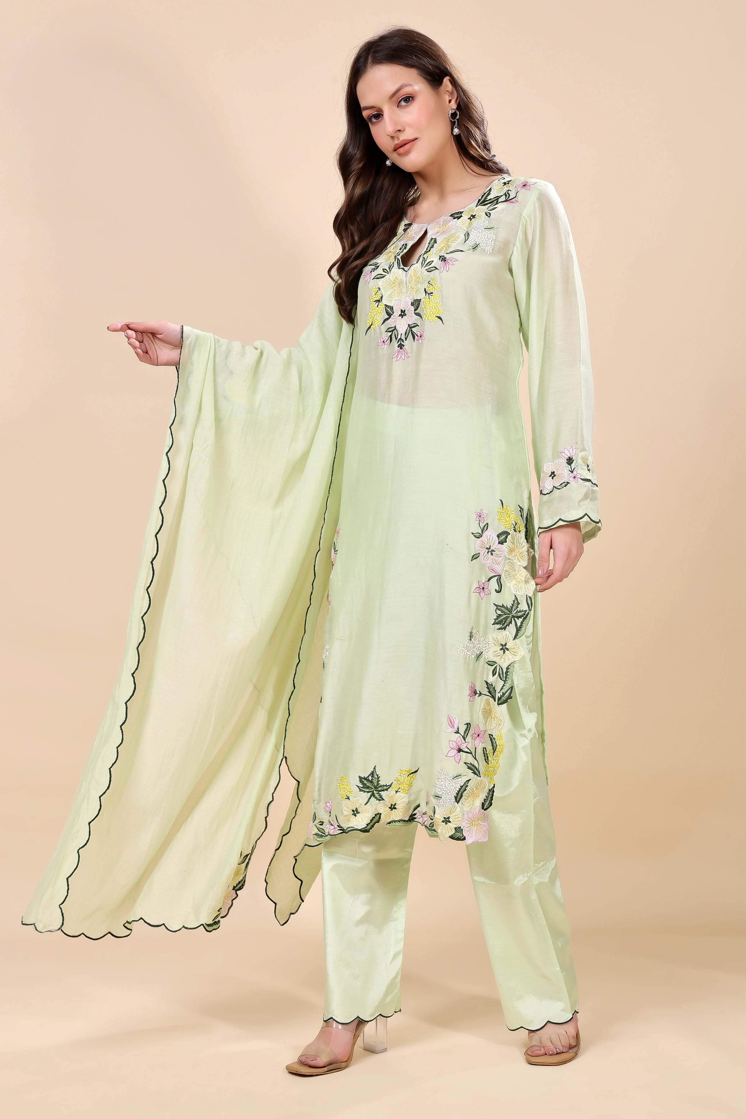 Mint Green Chanderi Embroidered Kurta Set