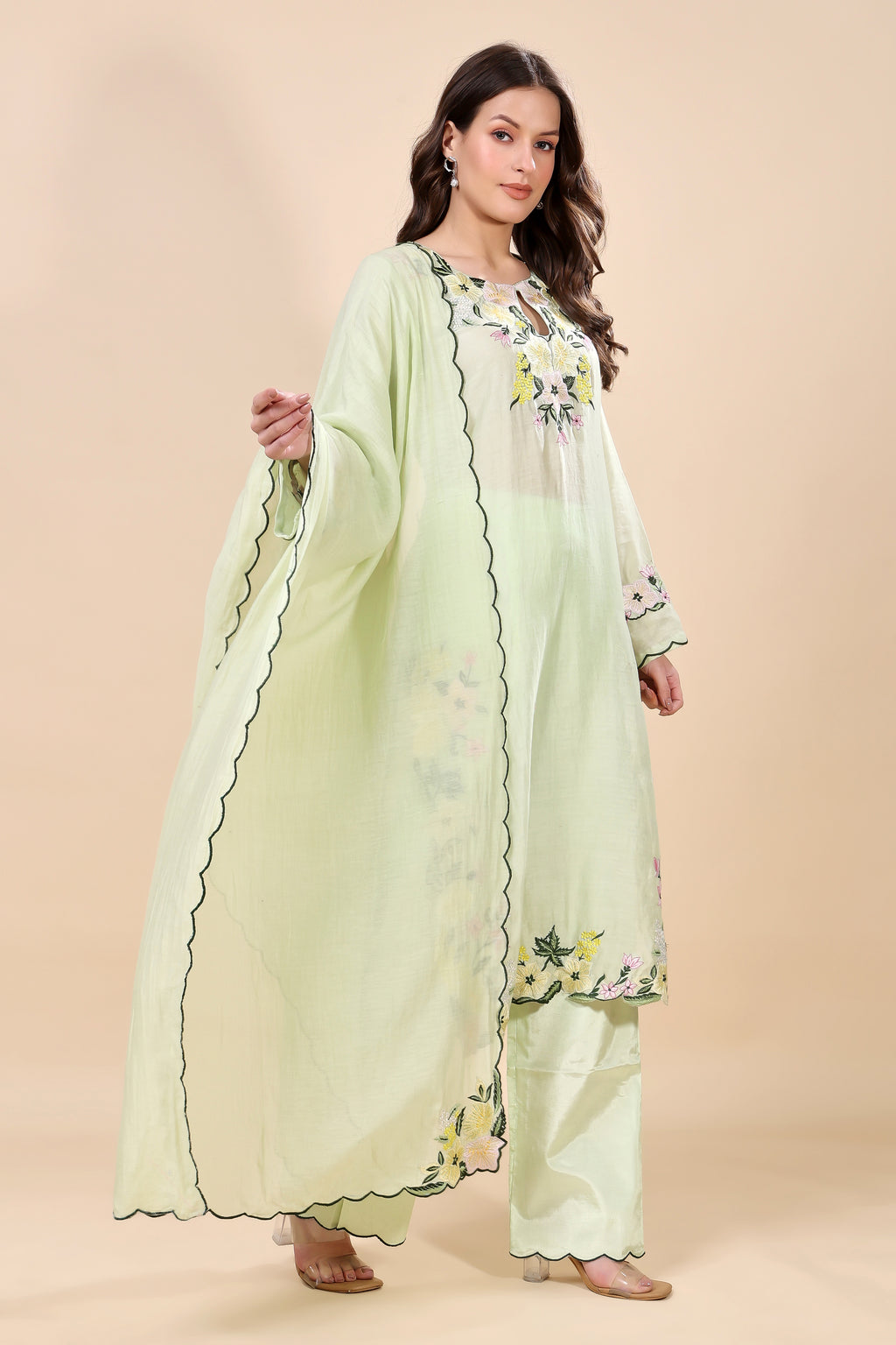 Mint Green Chanderi Embroidered Kurta Set