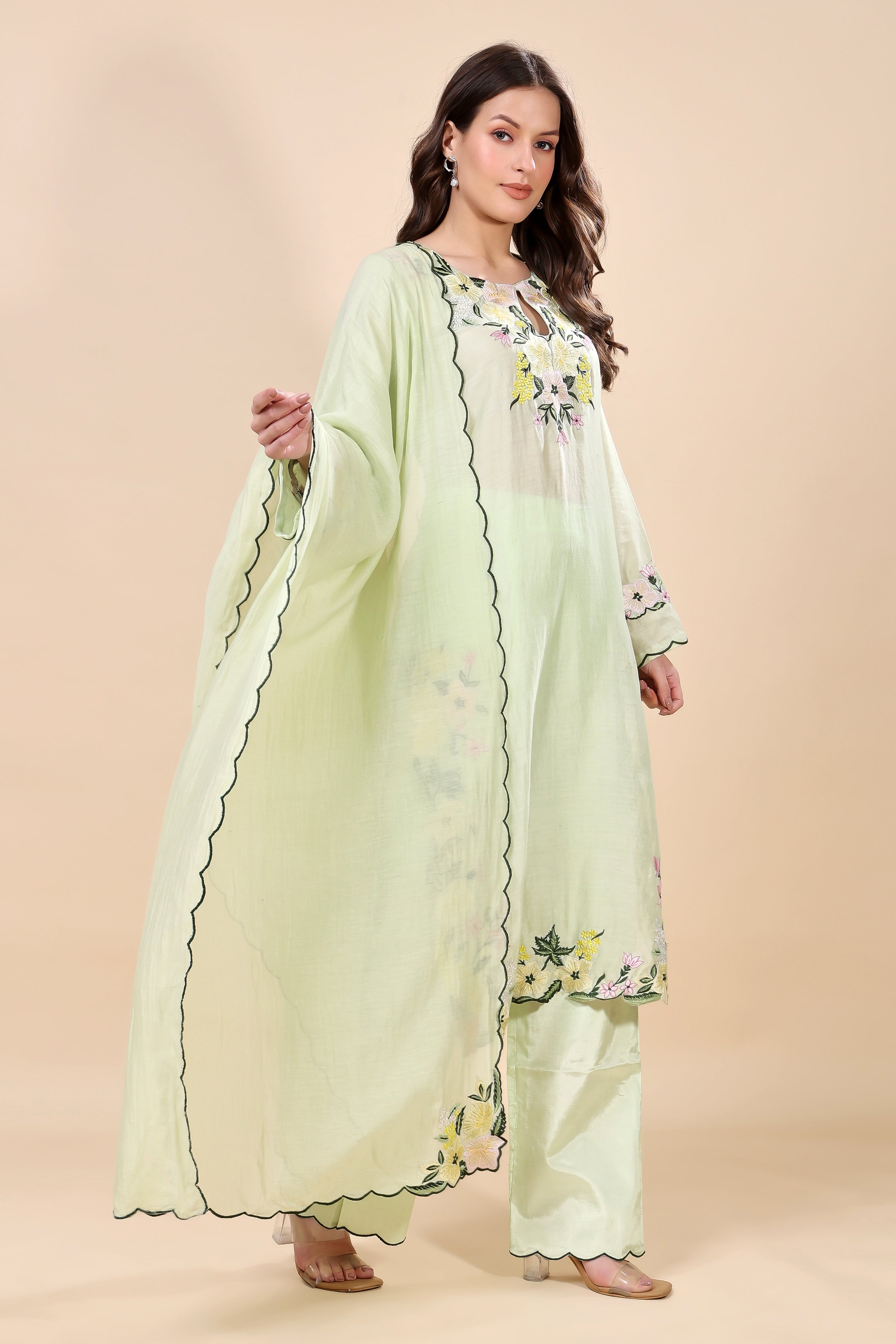 Mint Green Chanderi Embroidered Kurta Set