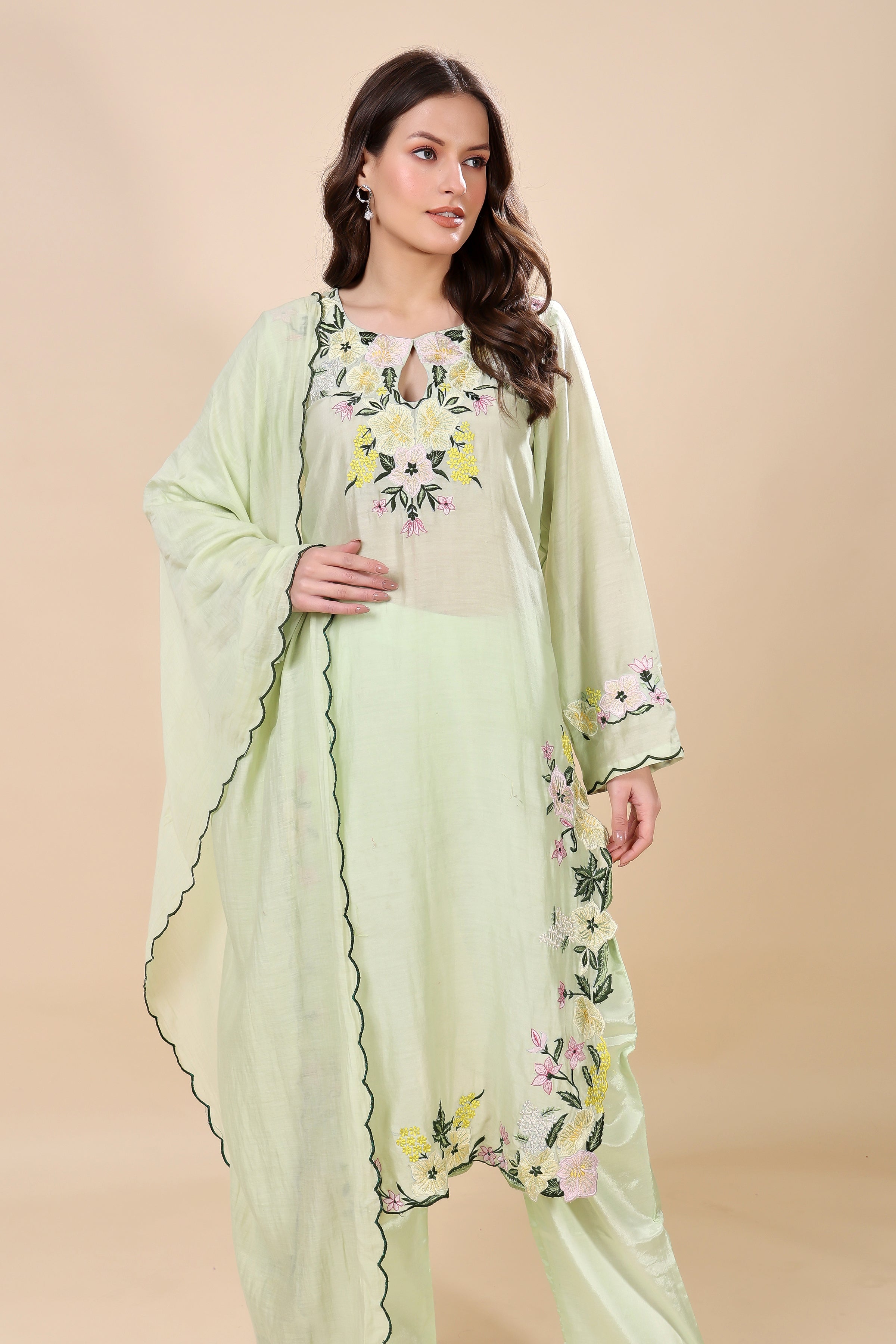 Mint Green Chanderi Embroidered Kurta Set