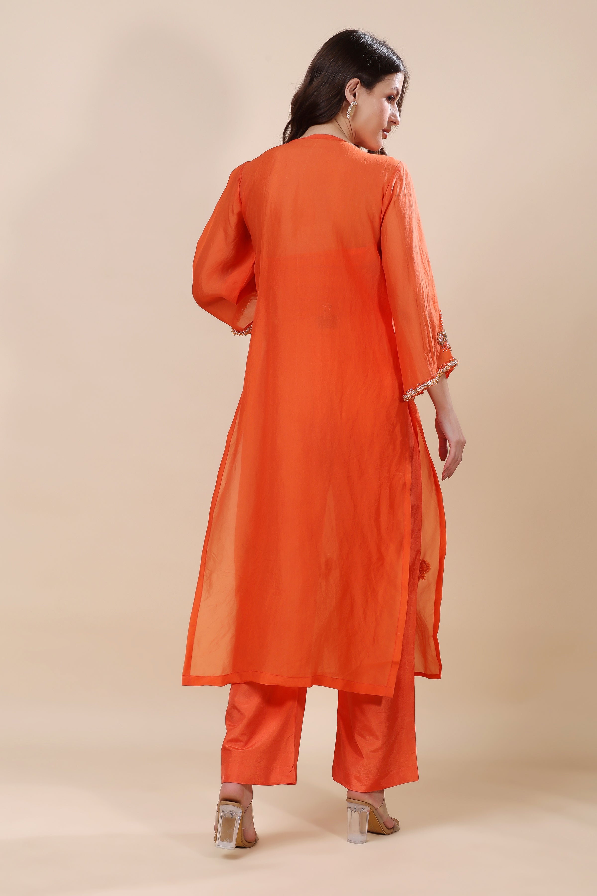 Orange Organza Embroidered Kurta Set