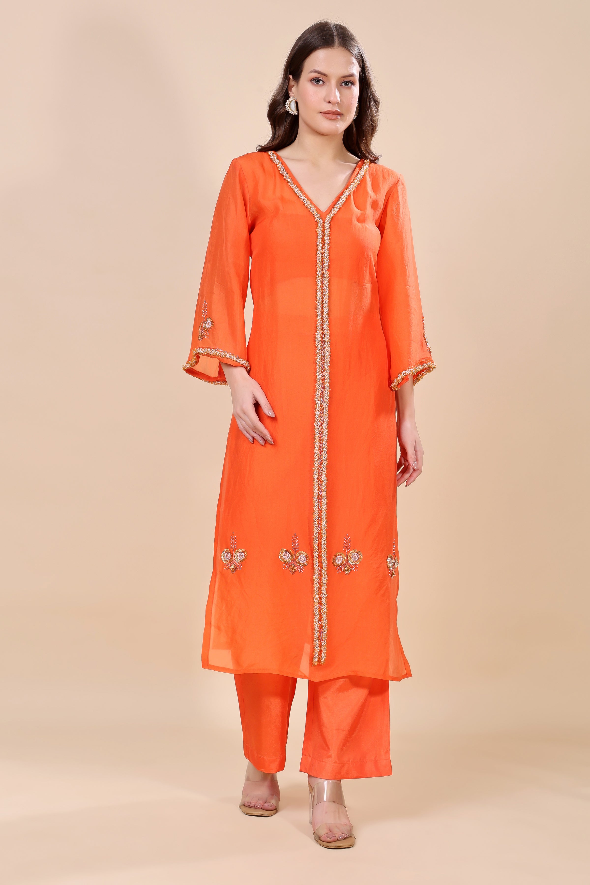 Orange Organza Embroidered Kurta Set