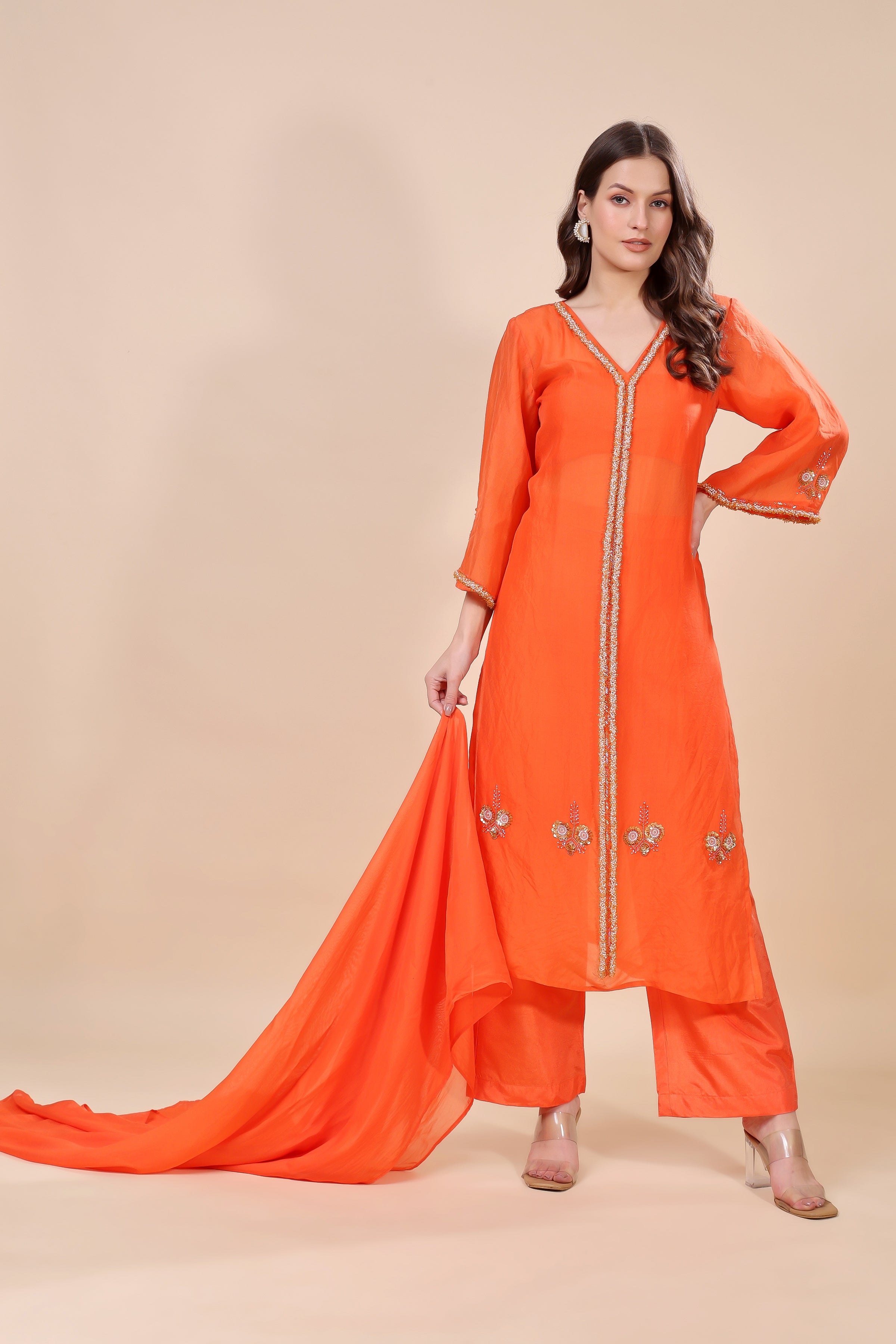 Orange Organza Embroidered Kurta Set