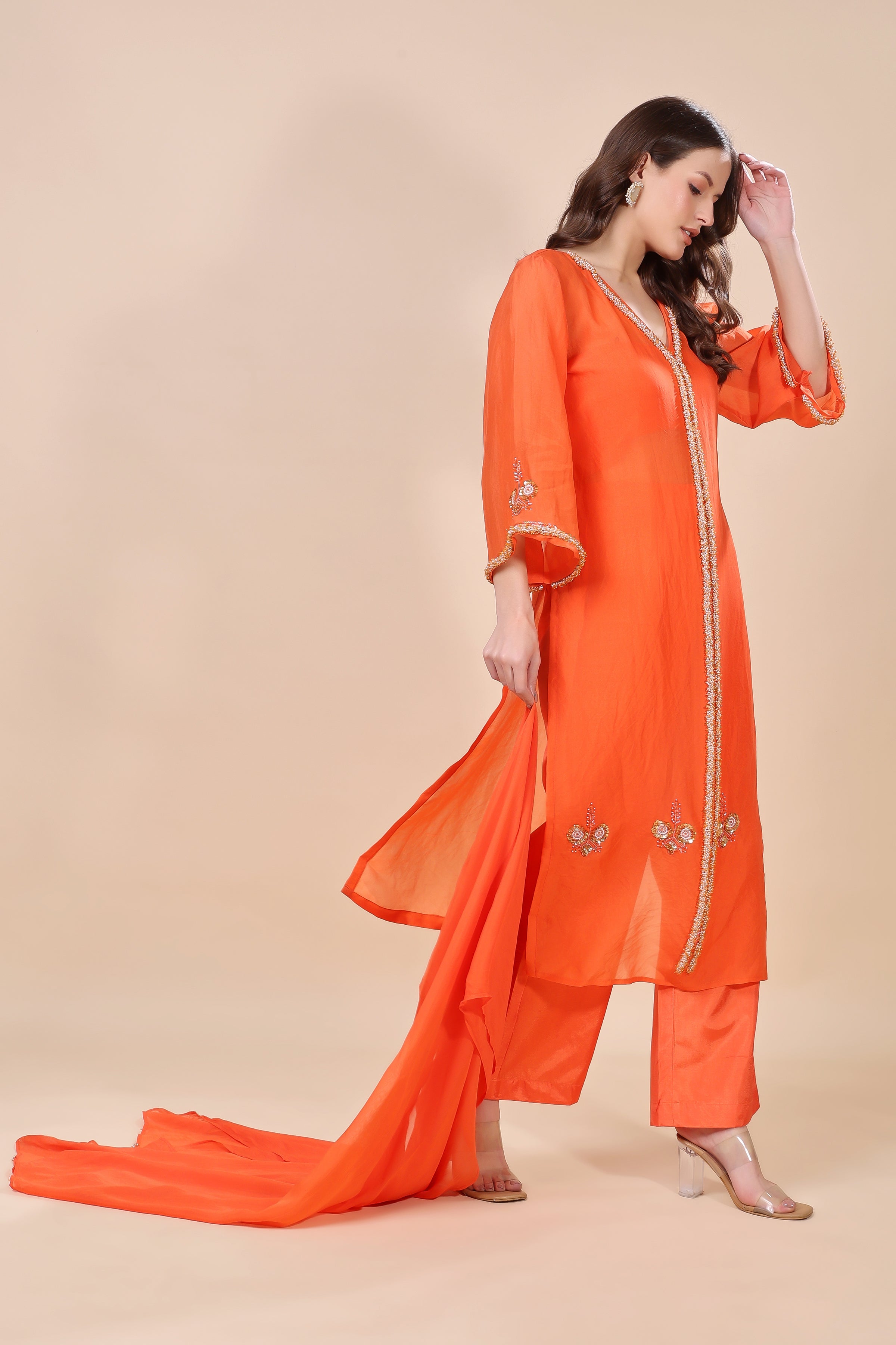 Orange Organza Embroidered Kurta Set