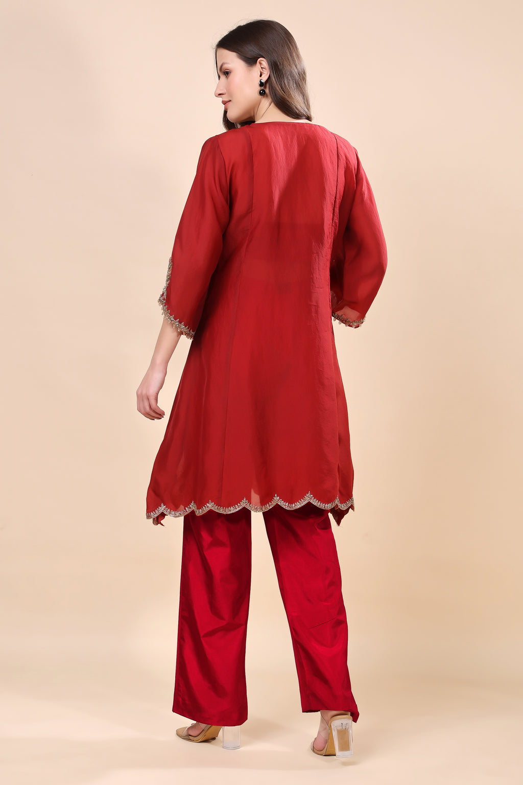 Maroon Silk Organza Embroidered Kurta Set