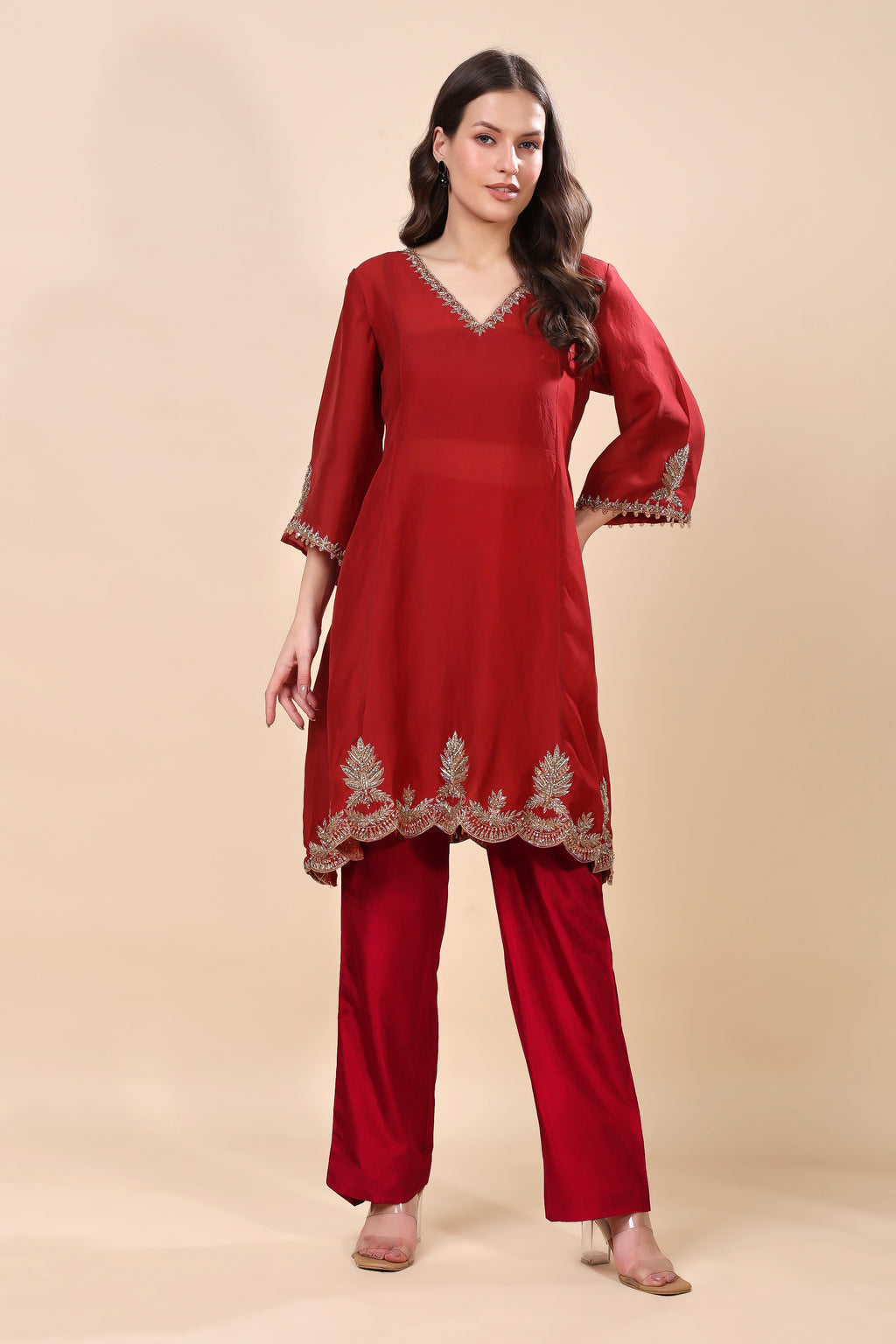 Maroon Silk Organza Embroidered Kurta Set