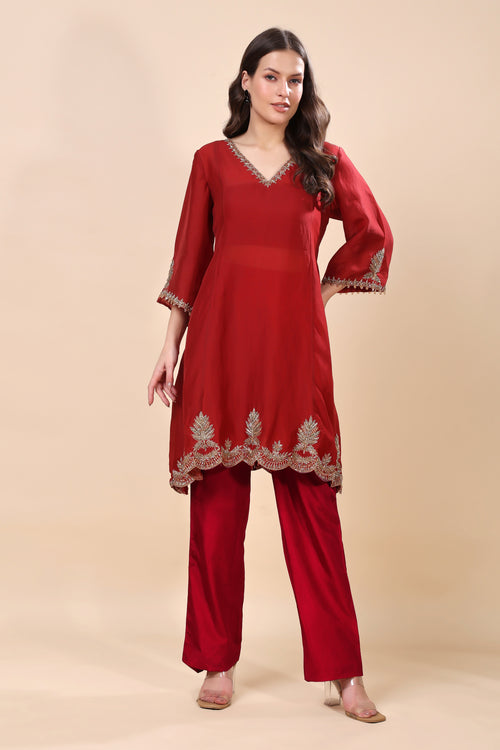 Maroon Silk Organza Embroidered Kurta Set (Sample)