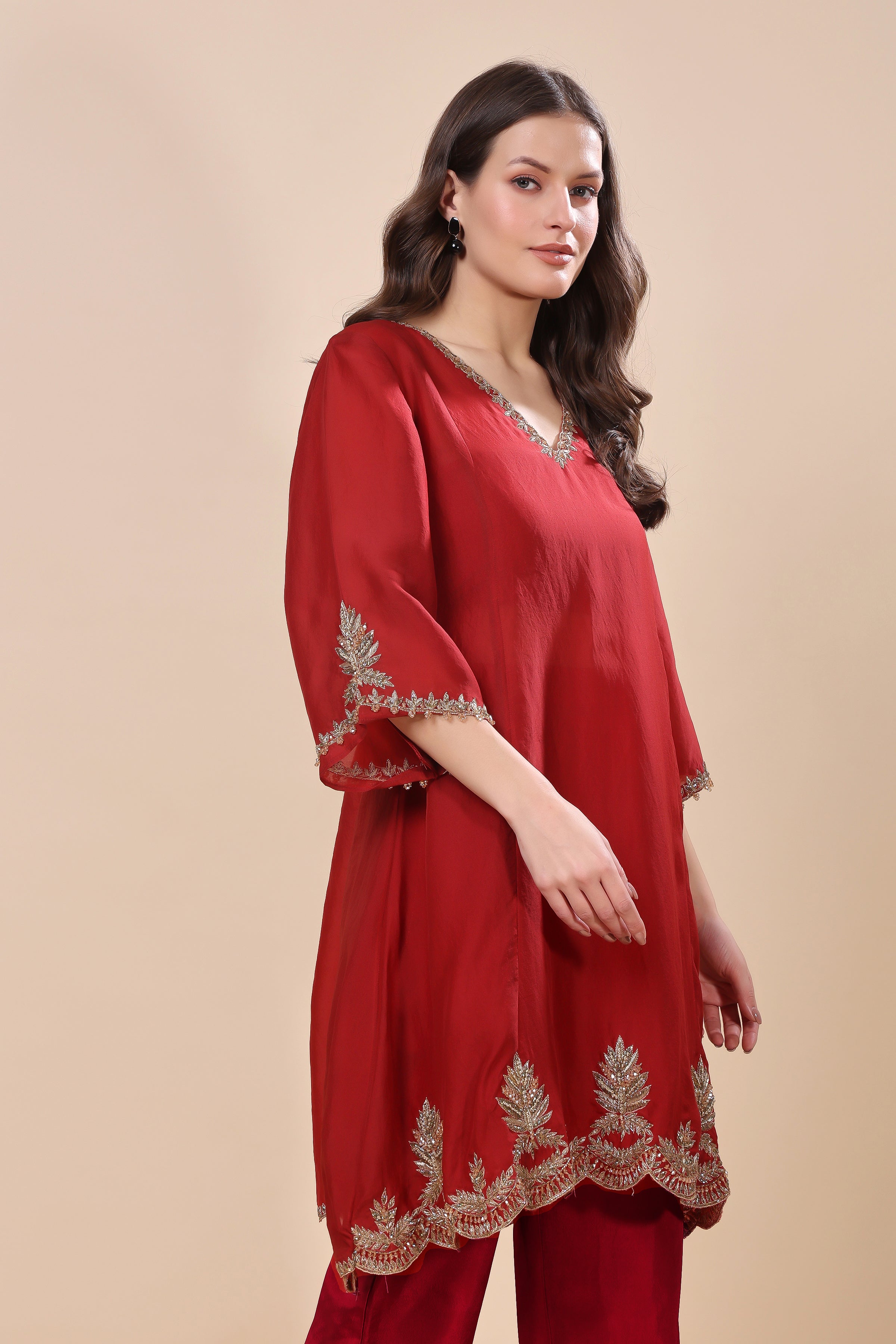 Maroon Silk Organza Embroidered Kurta Set