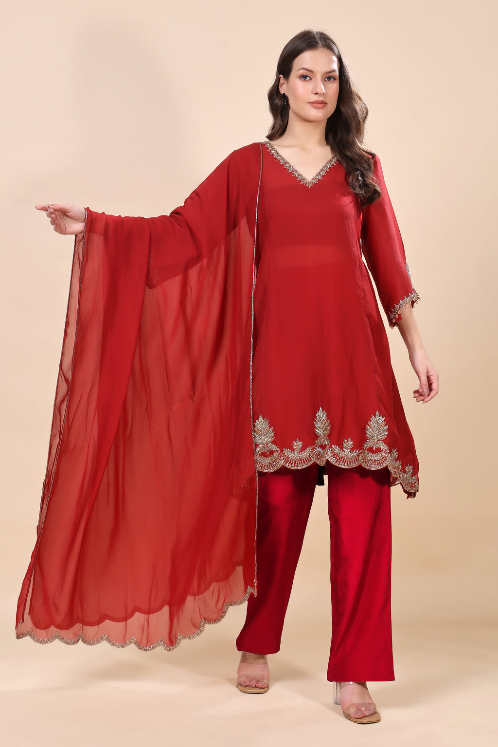 Maroon Silk Organza Embroidered Kurta Set