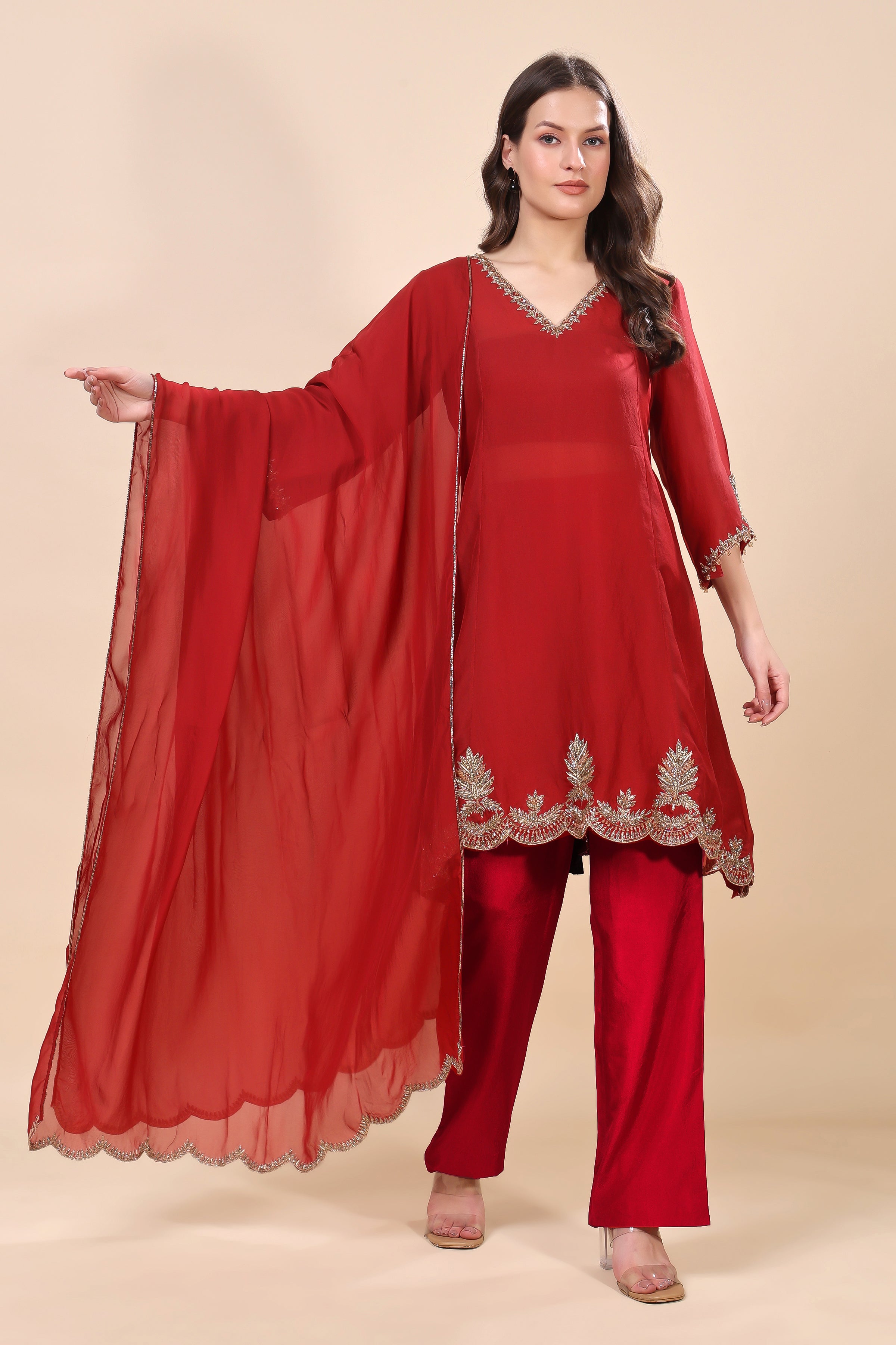 Maroon Silk Organza Embroidered Kurta Set