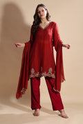 Maroon Silk Organza Embroidered Kurta Set (Sample)