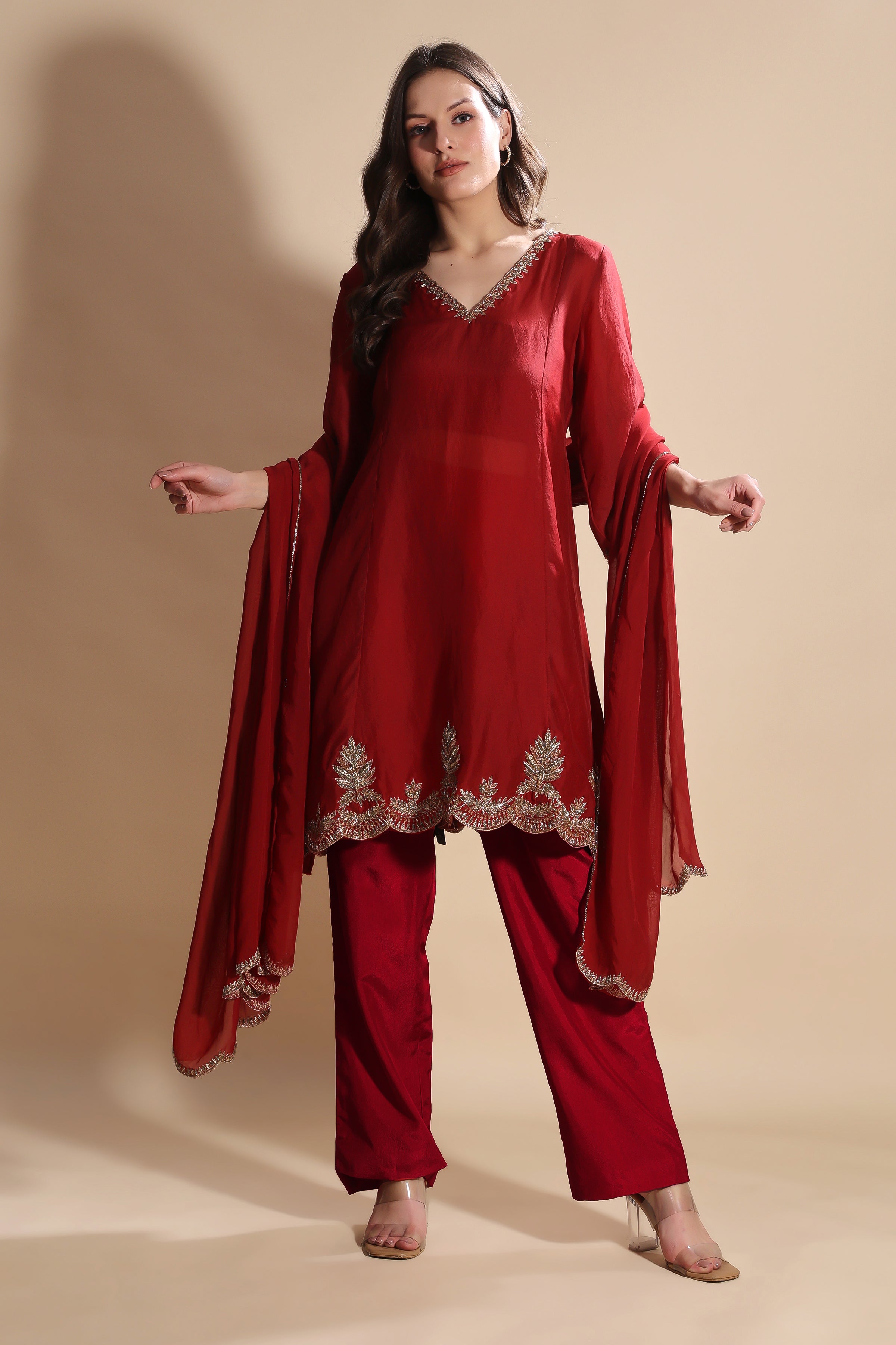 Maroon Silk Organza Embroidered Kurta Set