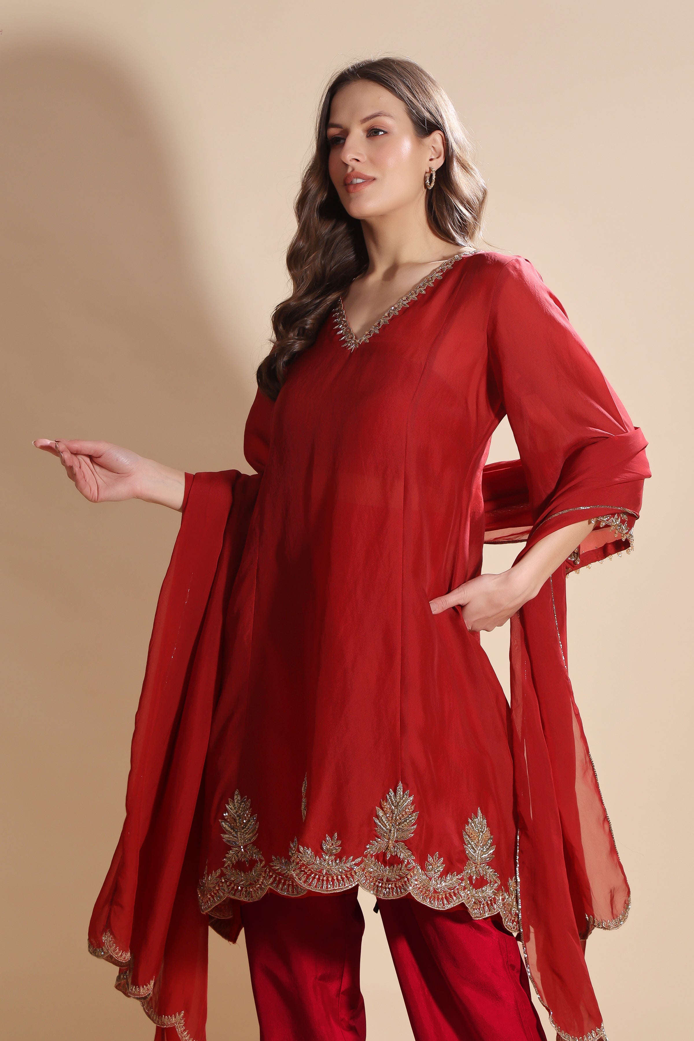 Maroon Silk Organza Embroidered Kurta Set
