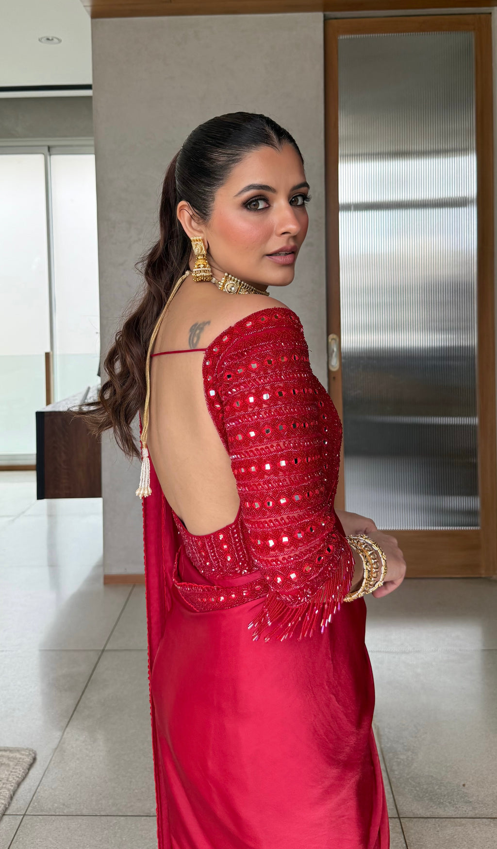 Crimson Elegance: Hand-Embellished Satin Silk Saree with Mirror Work Blouse