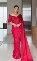 Crimson Elegance: Hand-Embellished Satin Silk Saree with Mirror Work Blouse