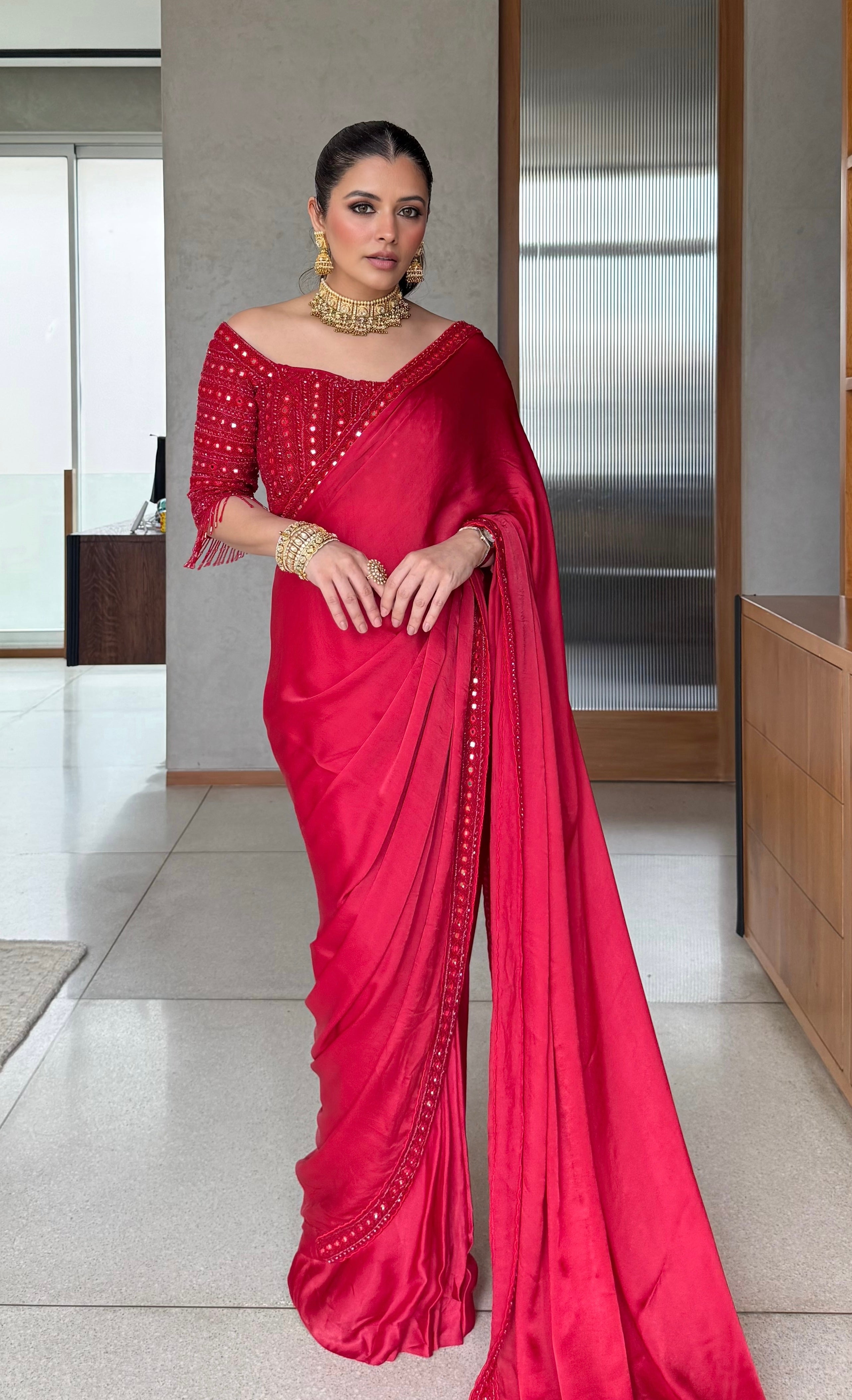 Crimson Elegance: Hand-Embellished Satin Silk Saree with Mirror Work Blouse