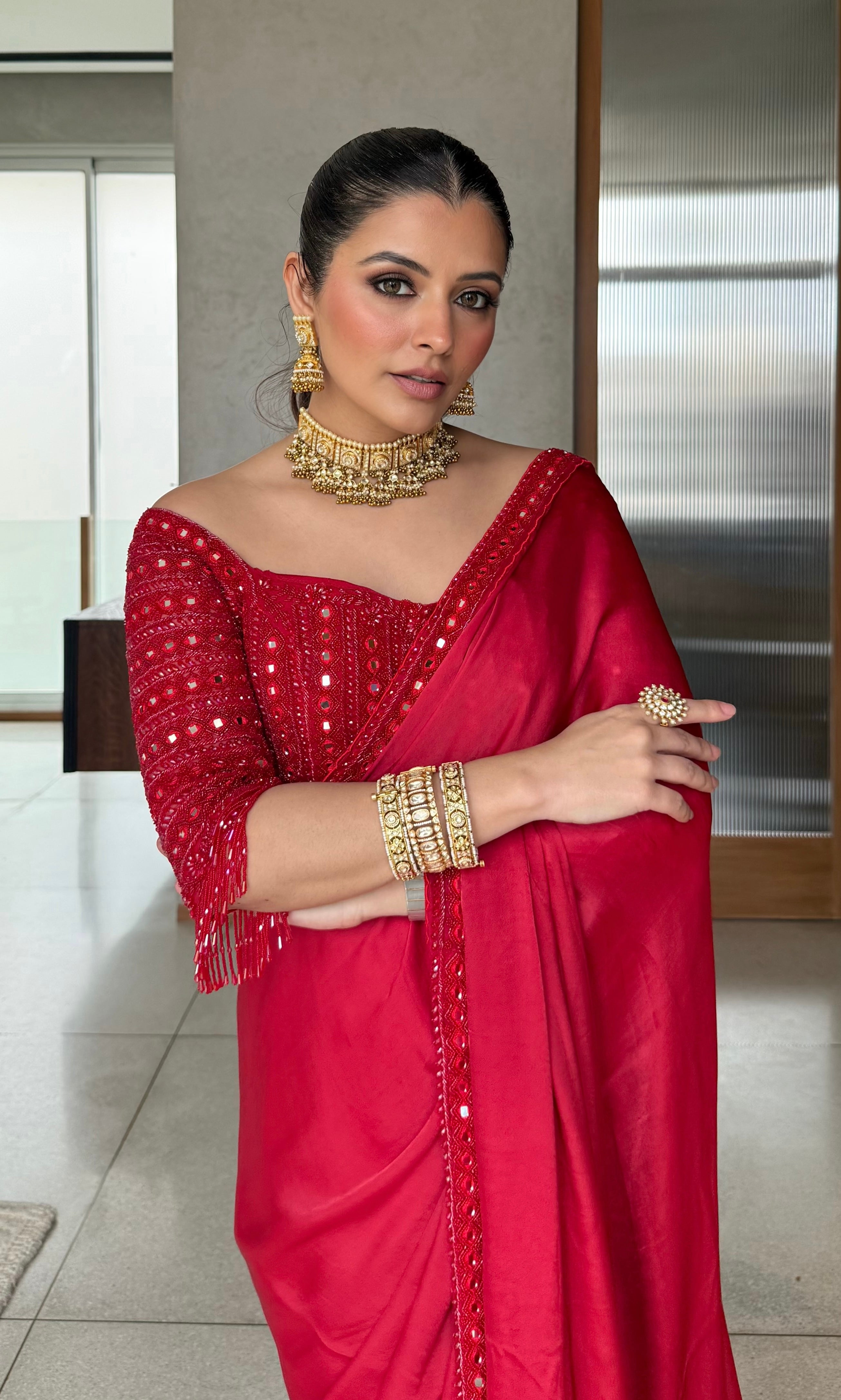 Crimson Elegance: Hand-Embellished Satin Silk Saree with Mirror Work Blouse