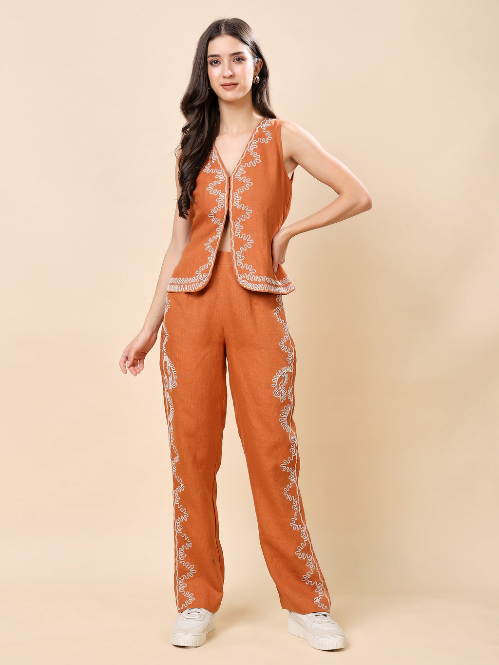 Rust Linen Embroidered Co-ord Set