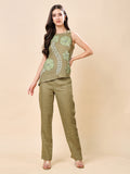 Green Linen Embroidered Co-ord Set.