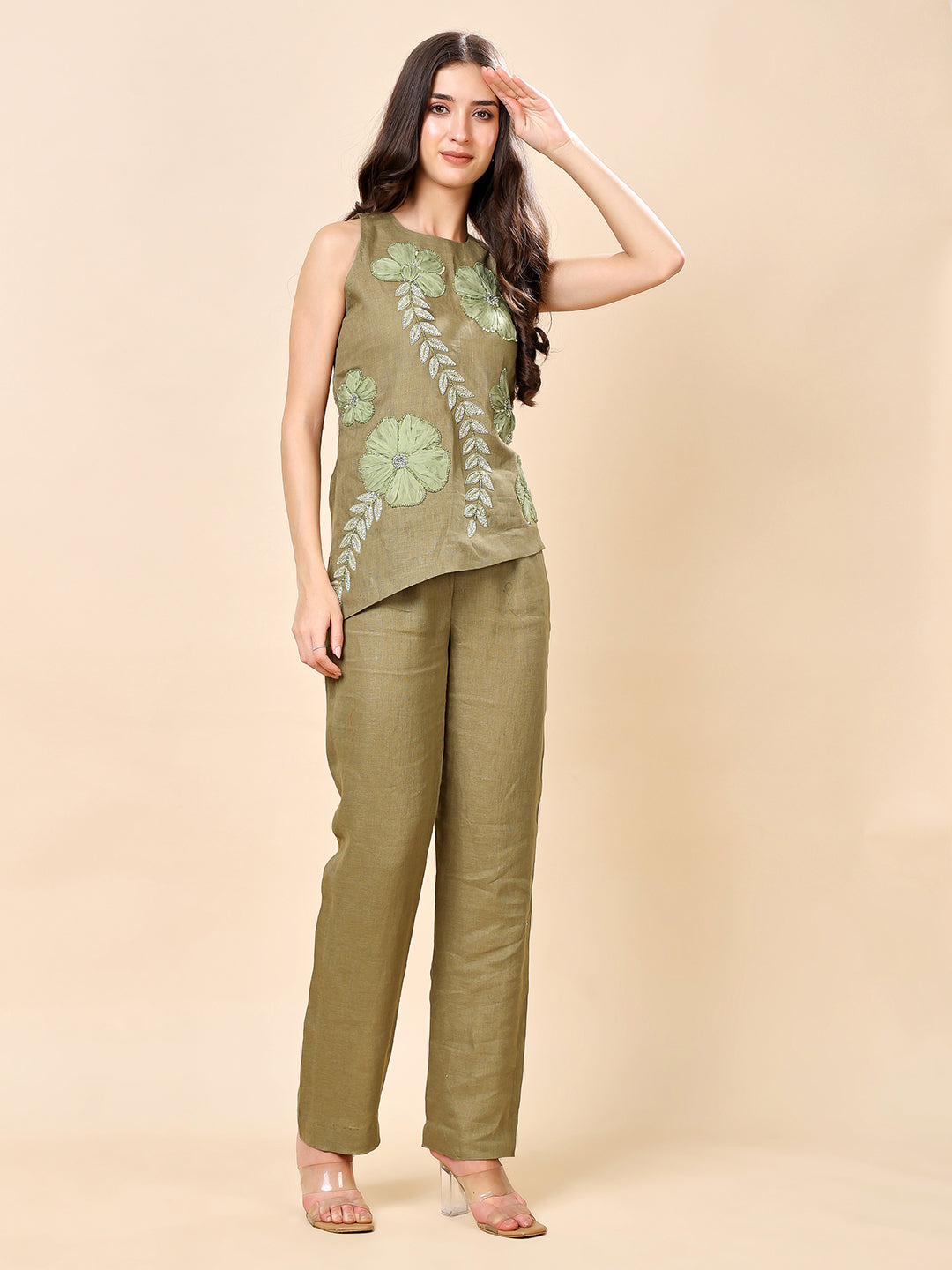 Green Linen Embroidered Co-ord Set