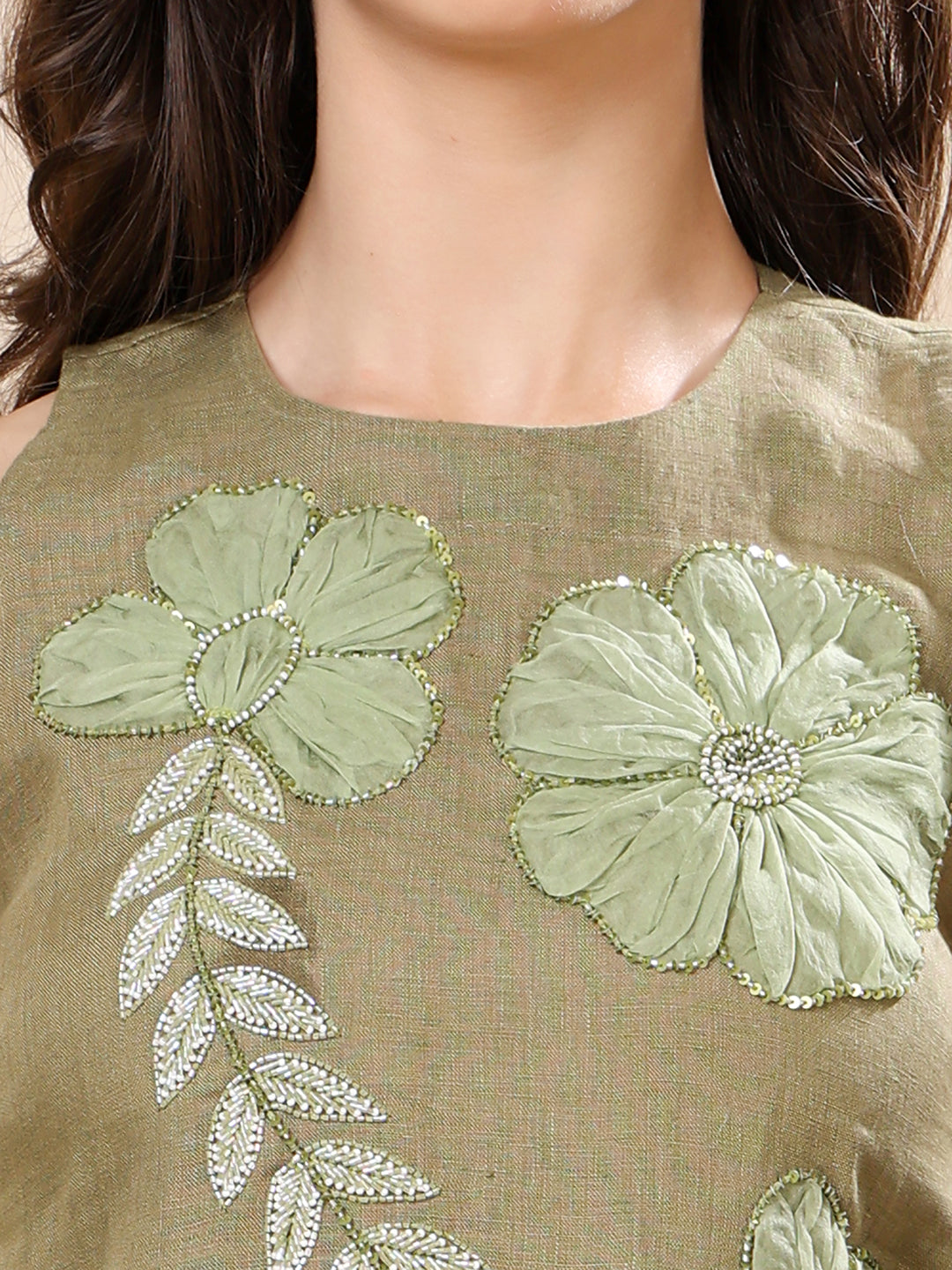 Green Linen Embroidered Co-ord Set