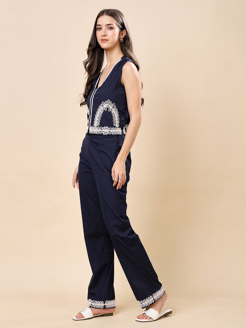 Blue Cotton Embroidered Co-ord Set (Sample)