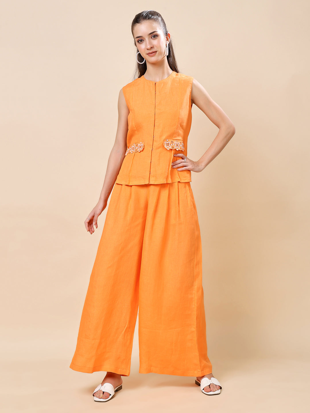Orange Linen Embroidered Co-ord Set