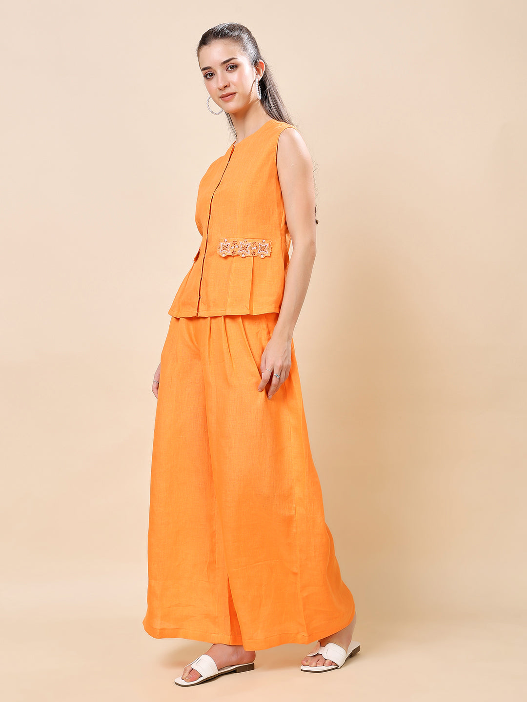 Orange Linen Embroidered Co-ord Set