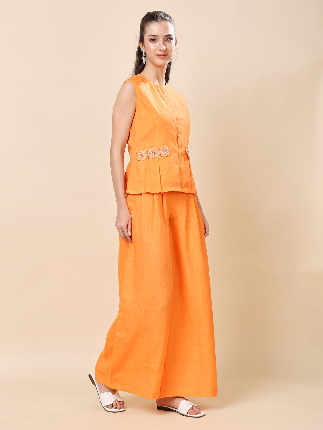 Orange Linen Embroidered Co-ord Set