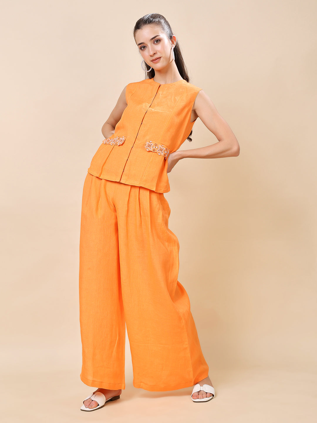 Orange Linen Embroidered Co-ord Set