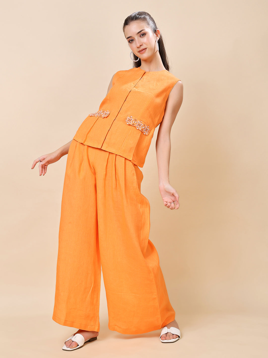 Orange Linen Embroidered Co-ord Set